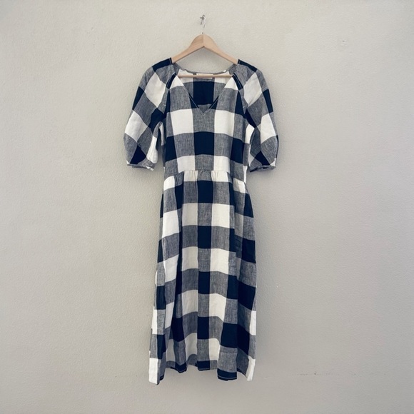 Everlane Linen Oversized Puff Sleeve Dress Bone Black Buffalo Plaid Preppy XS - Picture 7 of 15